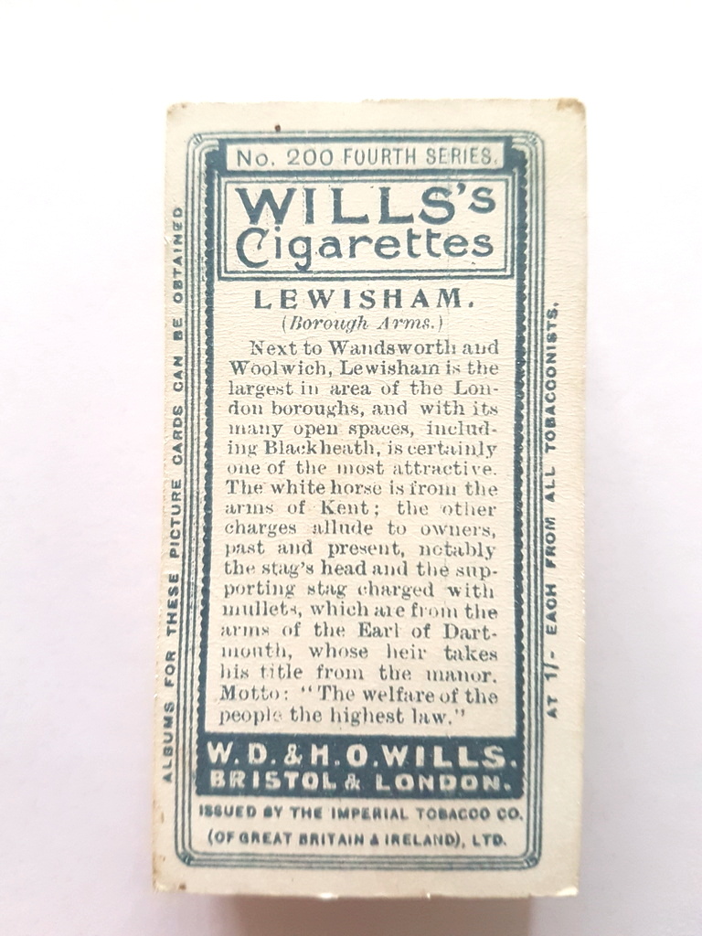 Photo of the back of these Borough Arms (4th Series) cigarette cards