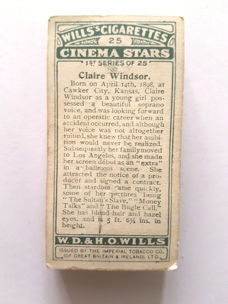 Photo of the back of these Cinema Stars (1st) cigarette cards