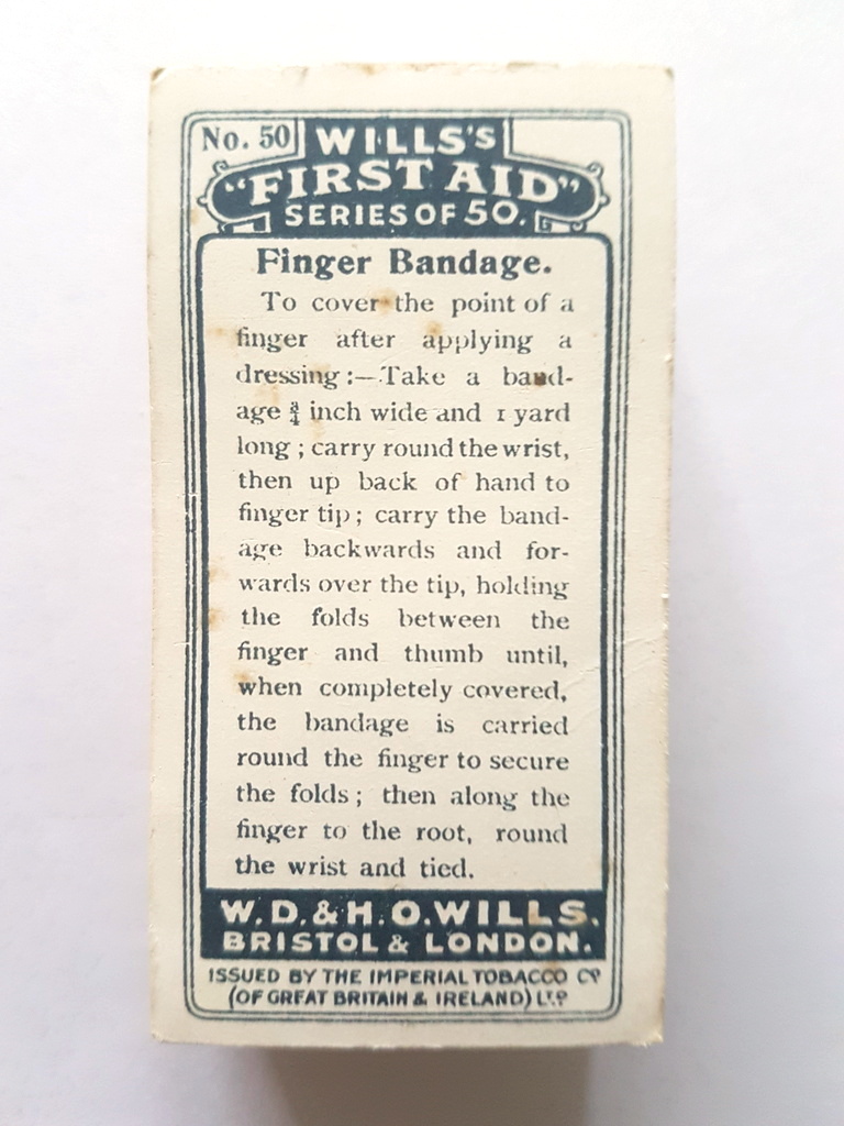 Photo of the back of these First Aid (without album clause) cigarette cards