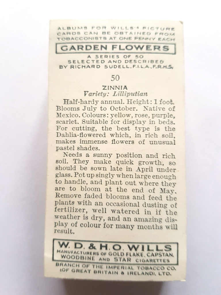 Photo of the back of these Garden Flowers by Richard Sudell cigarette cards