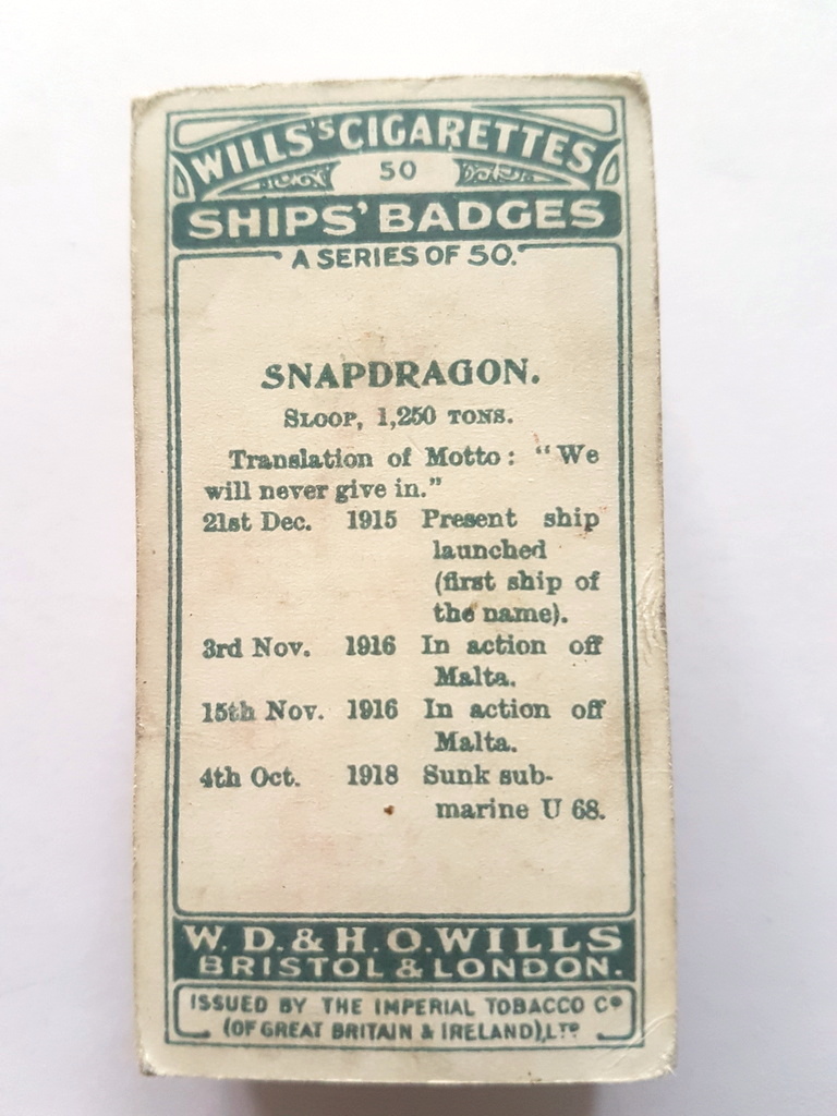 Photo of the back of these Ships' Badges cigarette cards