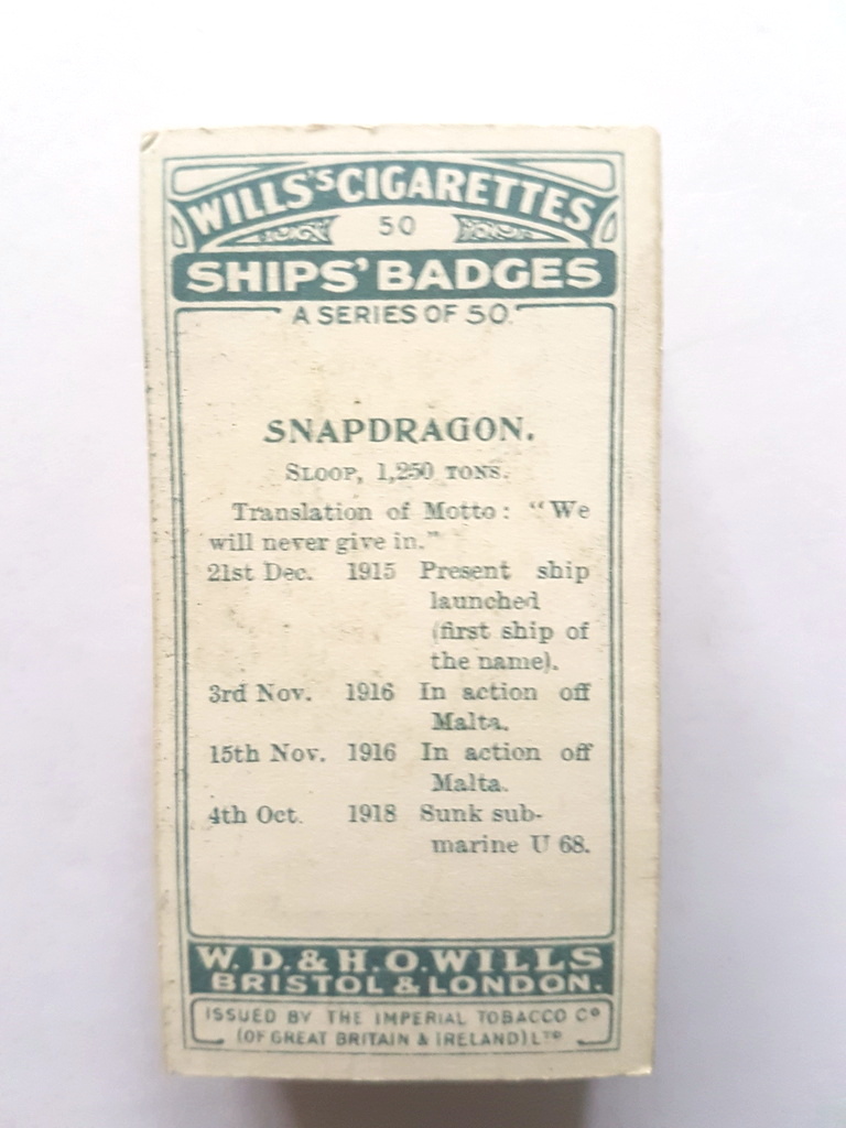 Photo of the back of these Ships' Badges cigarette cards