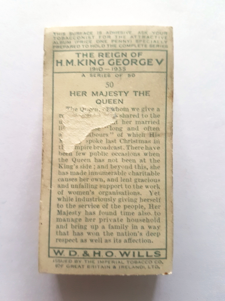 Photo of the back of these The Reign of H. M. King George V cigarette cards