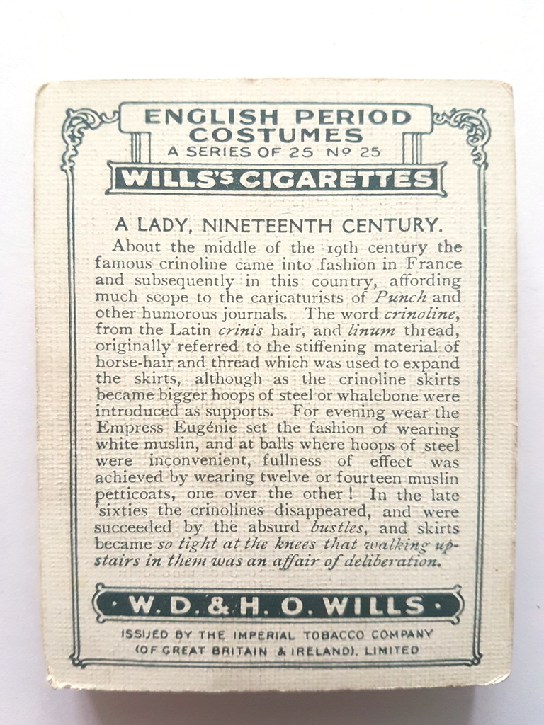 Photo of the back of these English Period Costumes (M) cigarette cards