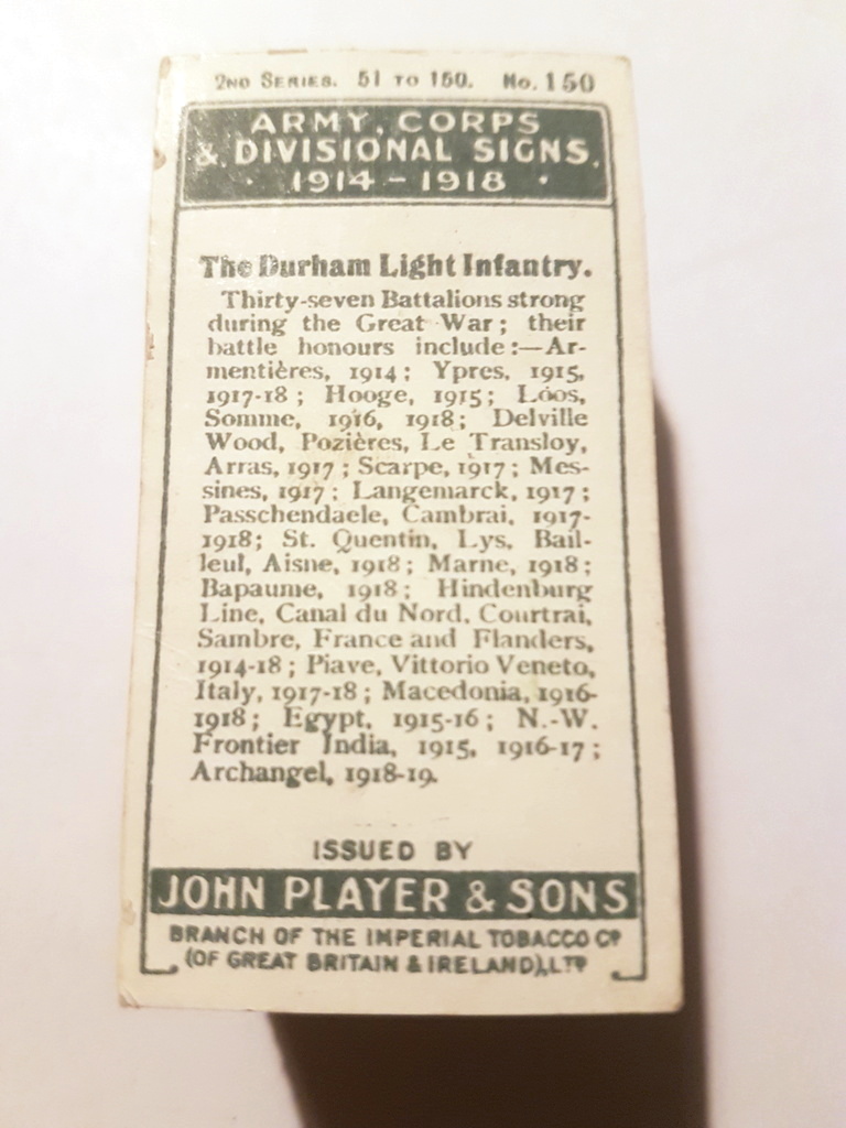 Photo of the back of these Army Corps & Divisional Signs, 1914-1918 (2nd) cigarette cards