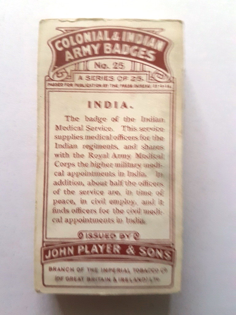 Photo of the back of these Colonial & Indian Army Badges cigarette cards