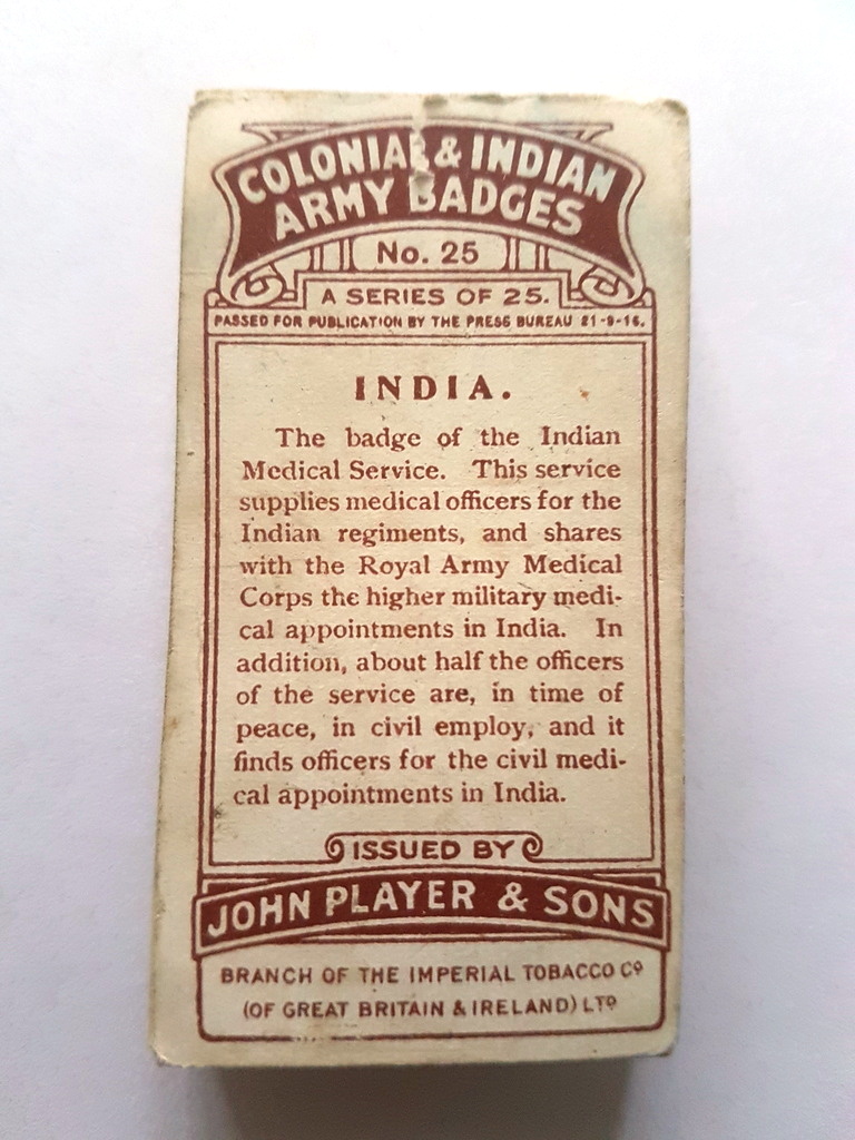 Photo of the back of these Colonial & Indian Army Badges cigarette cards