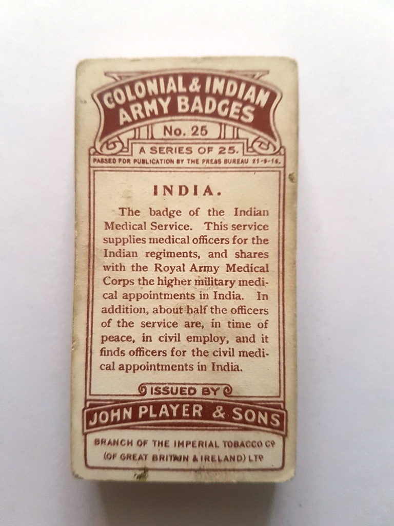 Photo of the back of these Colonial & Indian Army Badges cigarette cards