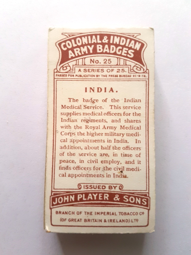 Photo of the back of these Colonial & Indian Army Badges cigarette cards