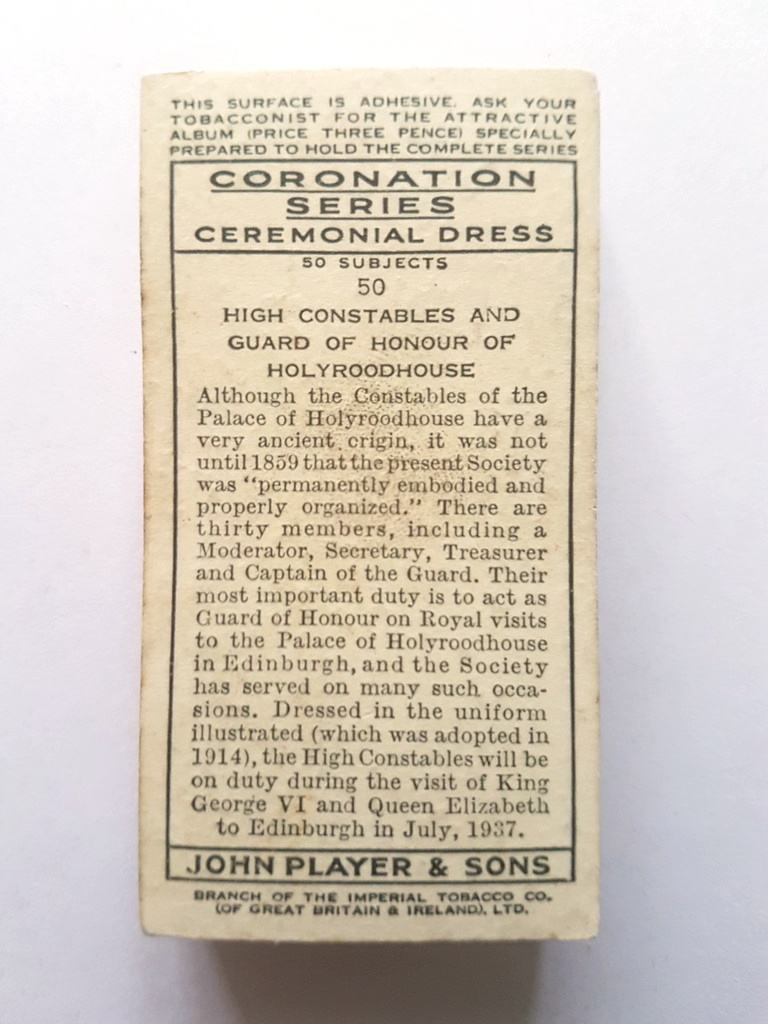 Photo of the back of these Coronation Series Ceremonial Dress cigarette cards