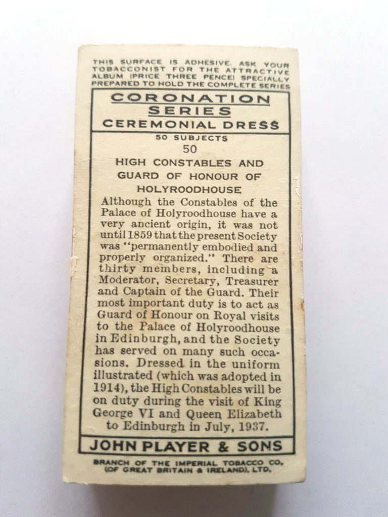 Photo of the back of these Coronation Series Ceremonial Dress cigarette cards