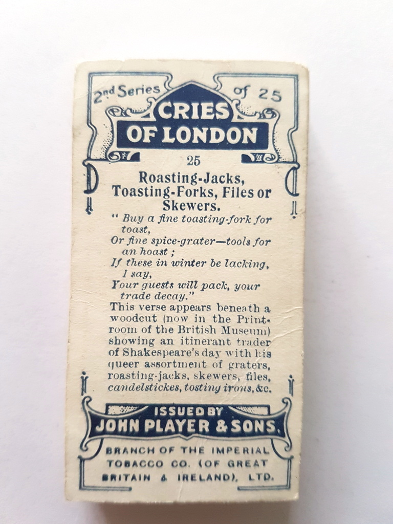 Photo of the back of these Cries of London (2nd) cigarette cards