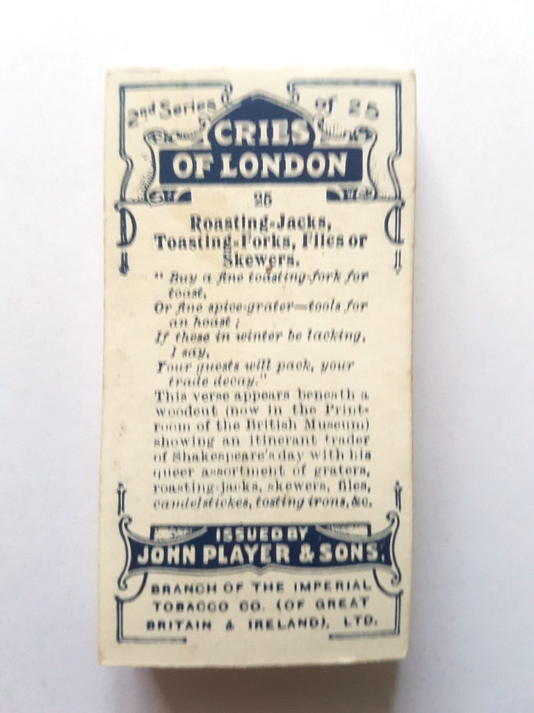 Photo of the back of these Cries of London (2nd) cigarette cards