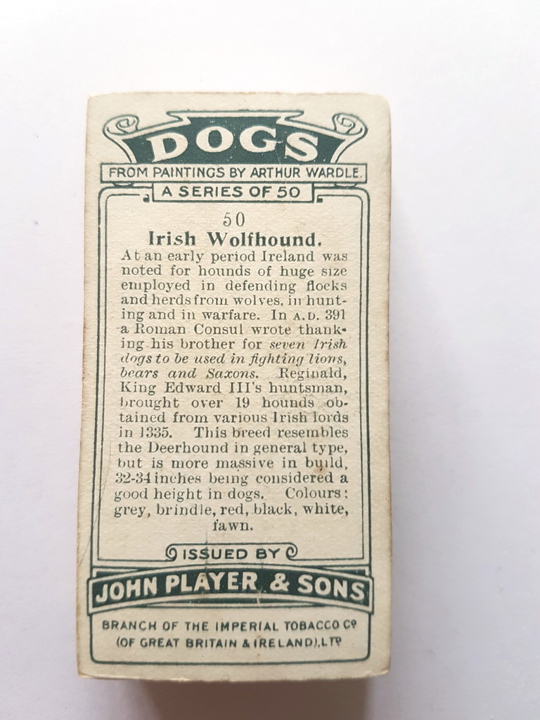 Photo of the back of these Dogs (heads, by Wardle) cigarette cards