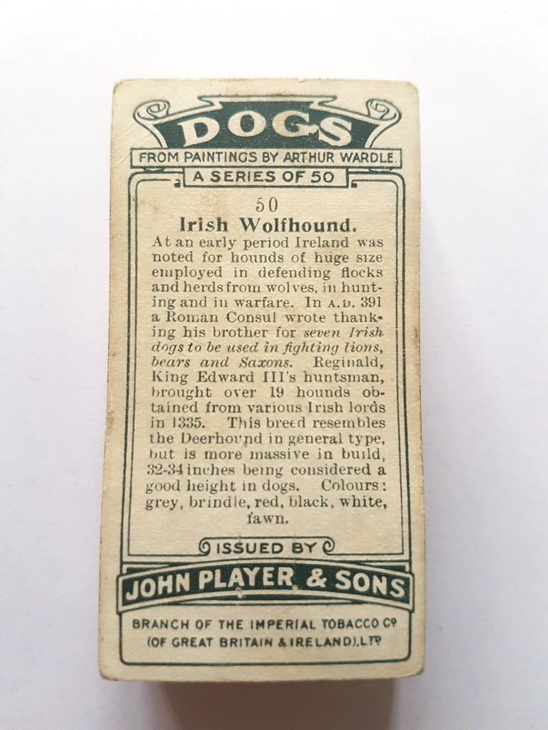 Photo of the back of these Dogs (heads, by Wardle) cigarette cards