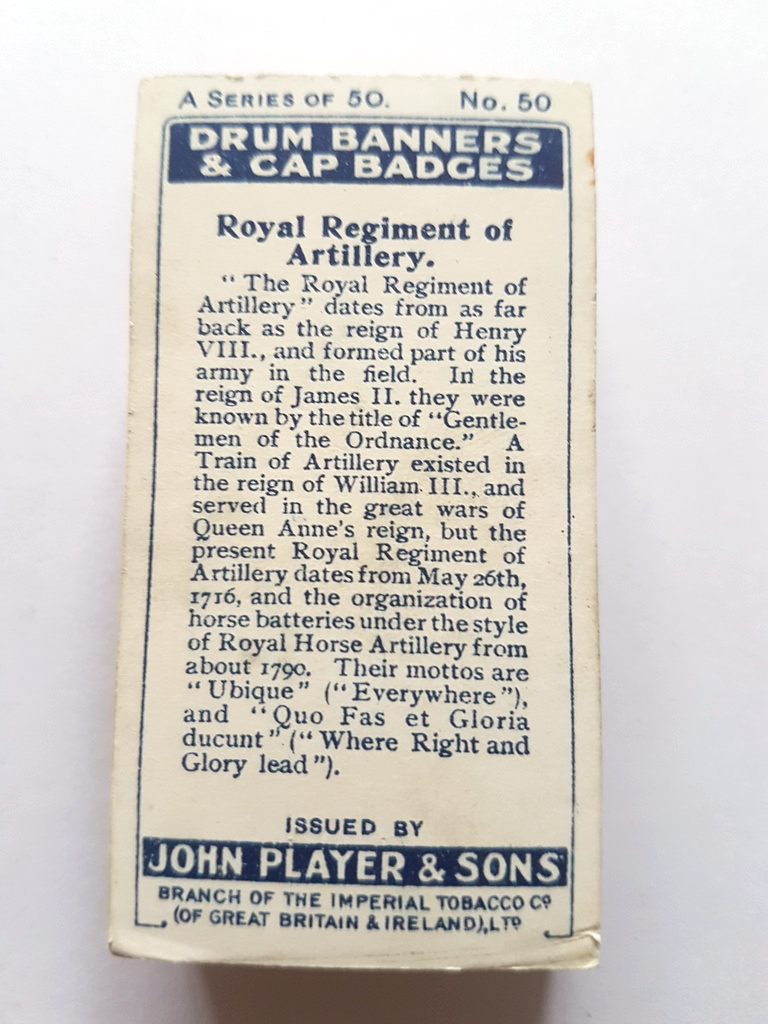 Photo of the back of these Drum Banners & Cap Badges cigarette cards