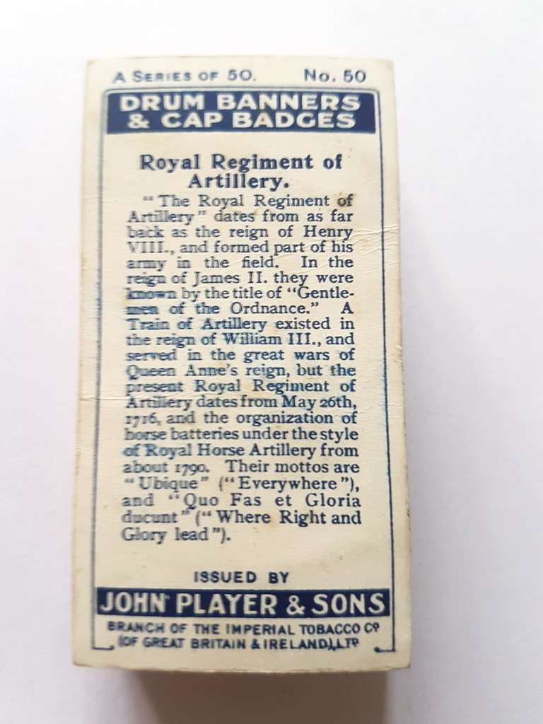 Photo of the back of these Drum Banners & Cap Badges cigarette cards