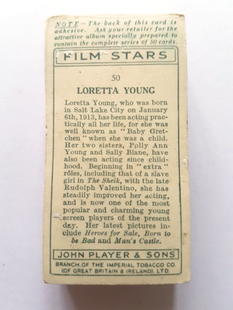 Photo of the back of these Film Stars cigarette cards