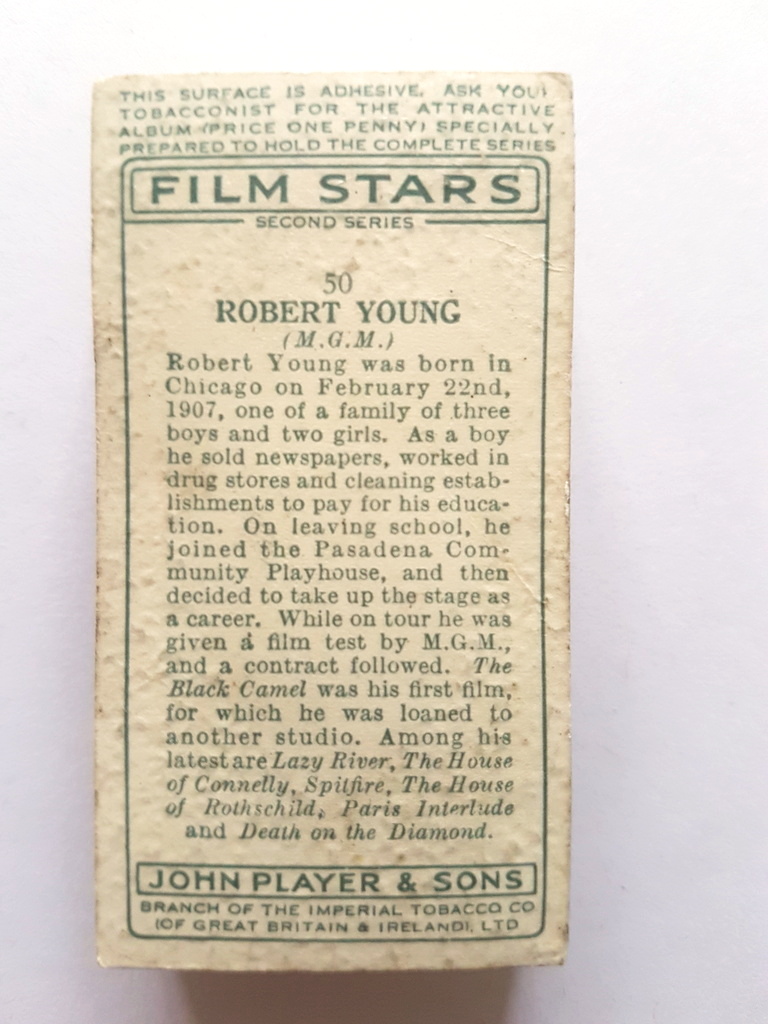 Photo of the back of these Film Stars (2nd) cigarette cards