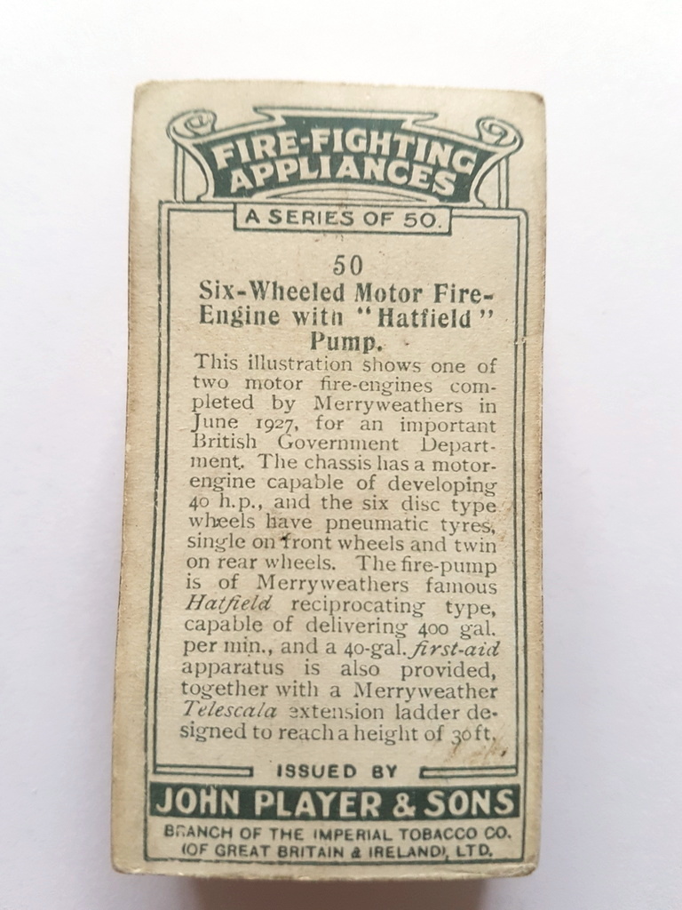 Photo of the back of these Fire-Fighting Appliances cigarette cards