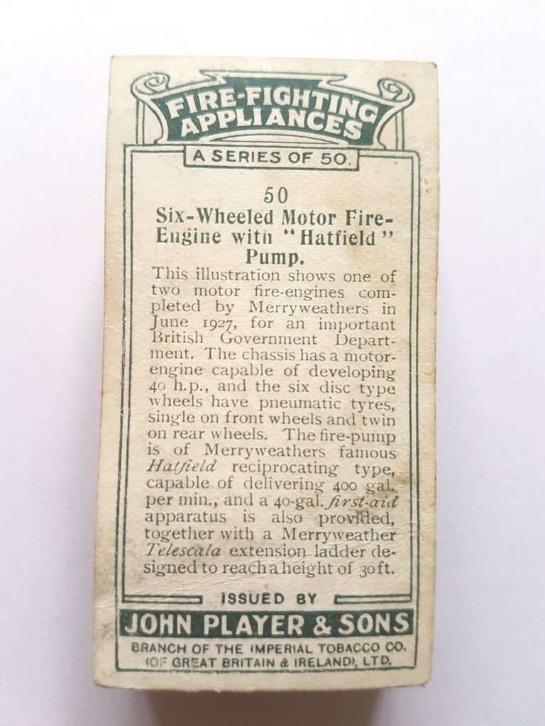 Photo of the back of these Fire-Fighting Appliances cigarette cards