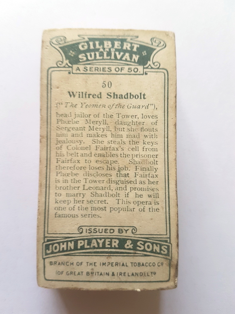 Photo of the back of these Gilbert and Sullivan cigarette cards