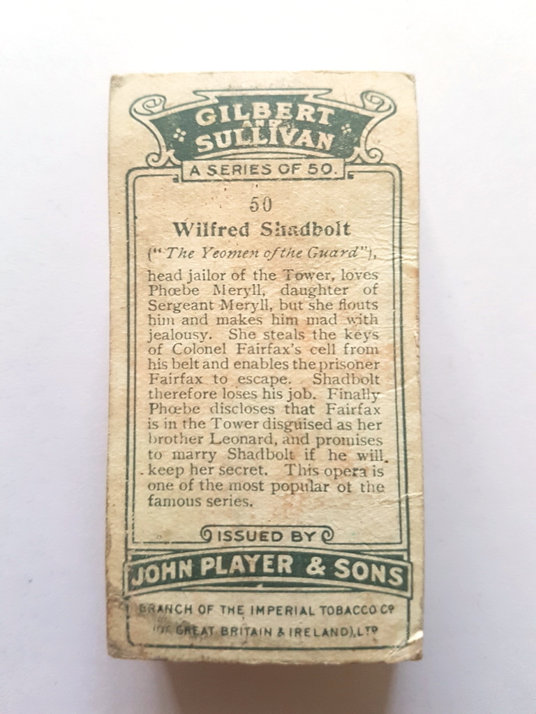 Photo of the back of these Gilbert and Sullivan cigarette cards