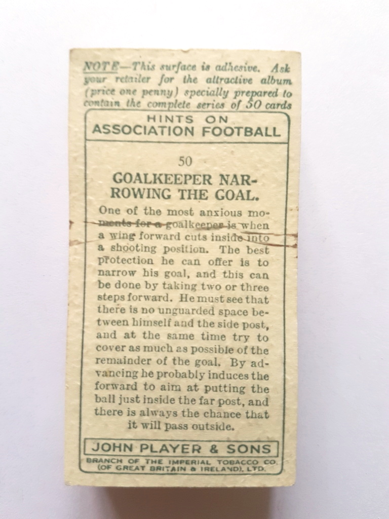 Photo of the back of these Hints on Association Football cigarette cards