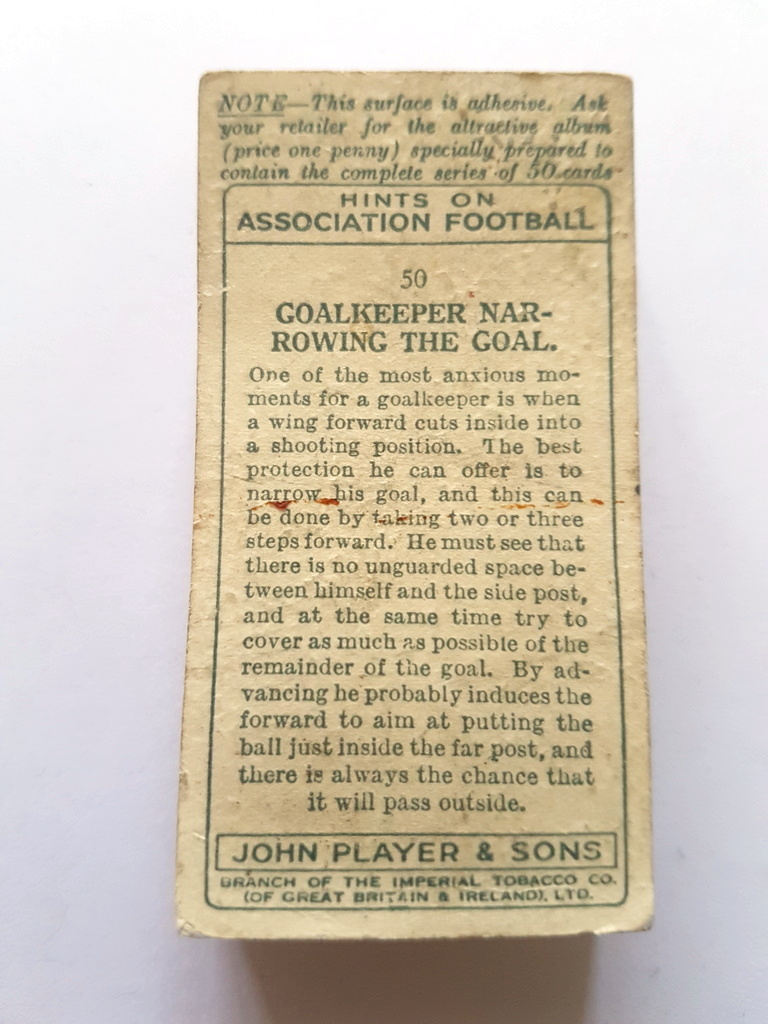 Photo of the back of these Hints on Association Football cigarette cards