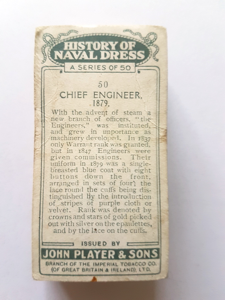 Photo of the back of these History of Naval Dress cigarette cards