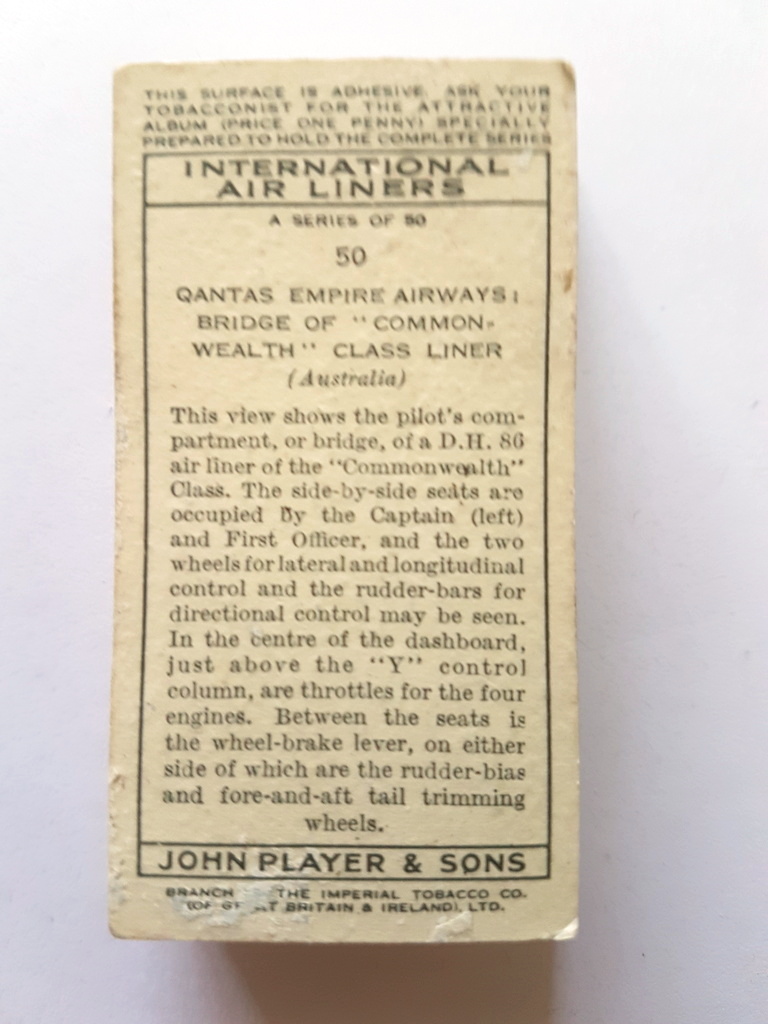 Photo of the back of these International Air Liners cigarette cards