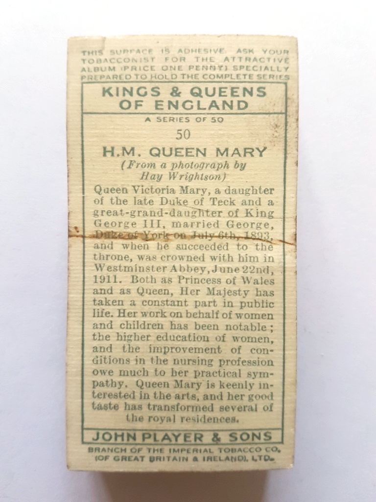 Photo of the back of these Kings & Queens of England cigarette cards