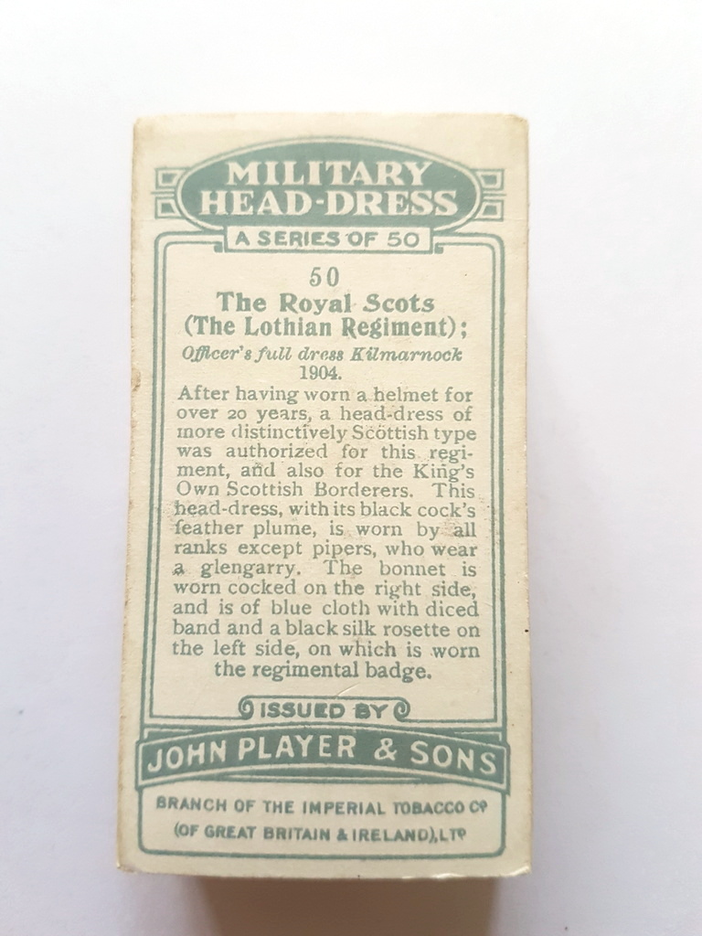 Photo of the back of these Military Head-Dress cigarette cards