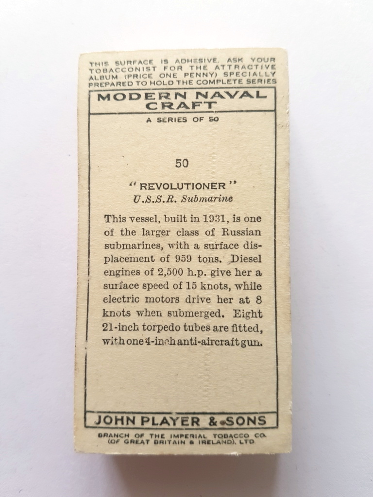 Photo of the back of these Modern Naval Craft cigarette cards