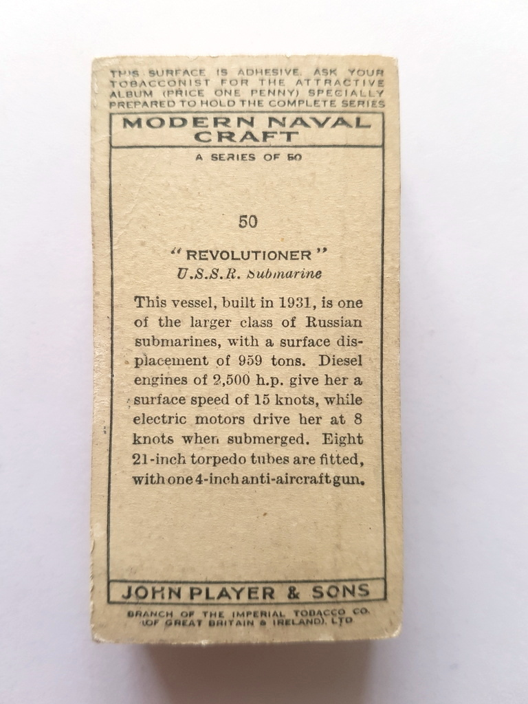 Photo of the back of these Modern Naval Craft cigarette cards