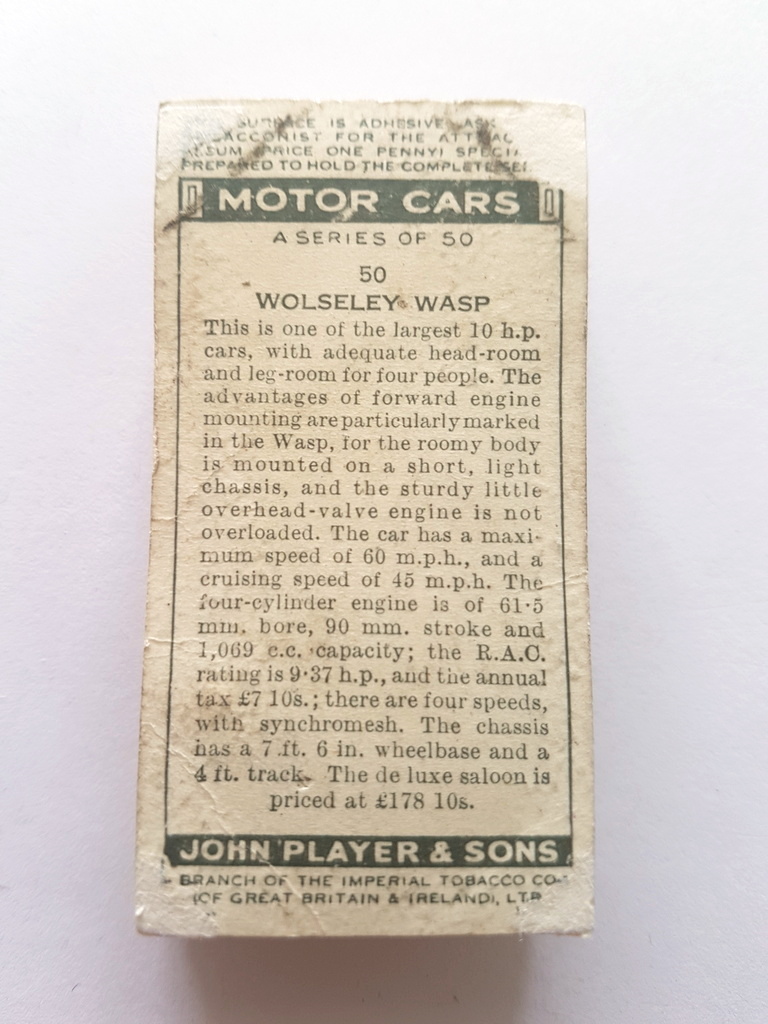 Photo of the back of these Motor Cars cigarette cards