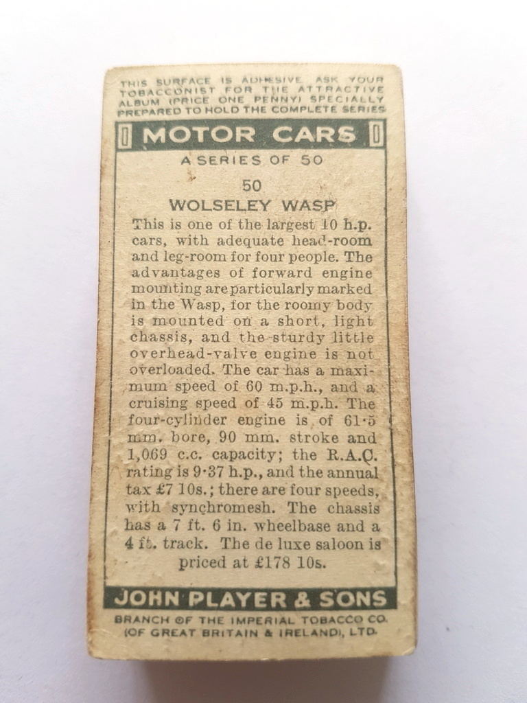 Photo of the back of these Motor Cars cigarette cards