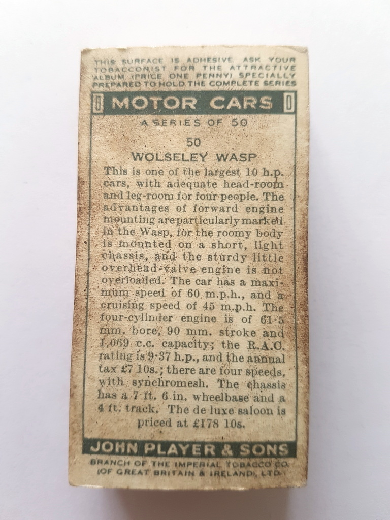 Photo of the back of these Motor Cars cigarette cards