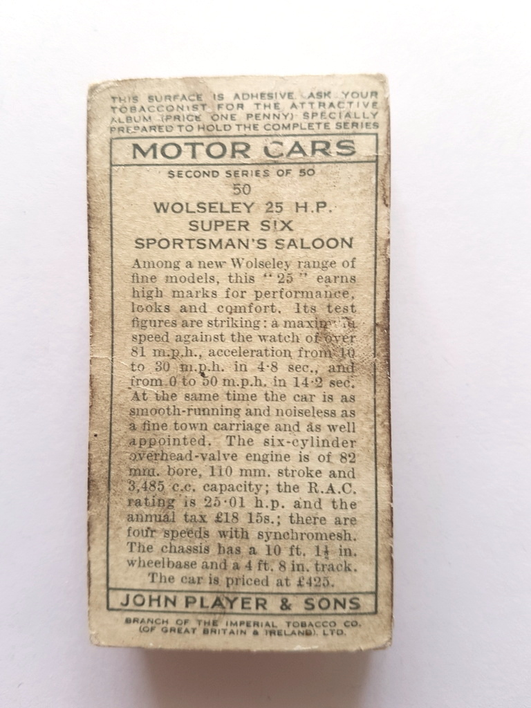 Photo of the back of these Motor Cars (2nd) cigarette cards