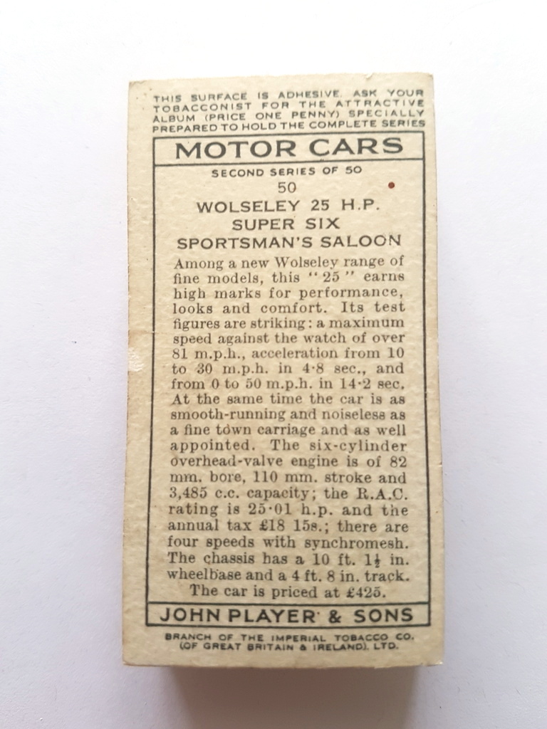 Photo of the back of these Motor Cars (2nd) cigarette cards