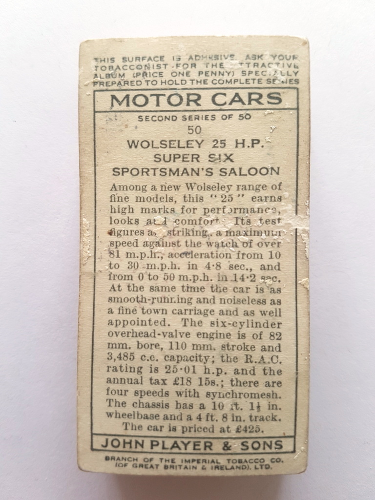 Photo of the back of these Motor Cars (2nd) cigarette cards