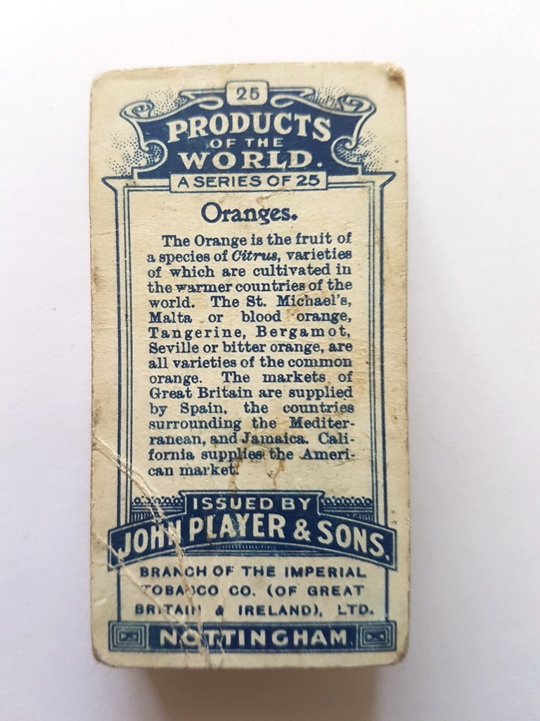 Photo of the back of these Products of the World (thick card) cigarette cards