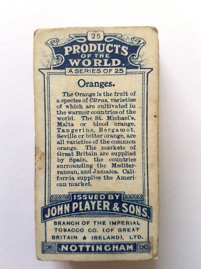 Photo of the back of these Products of the World (thick card) cigarette cards