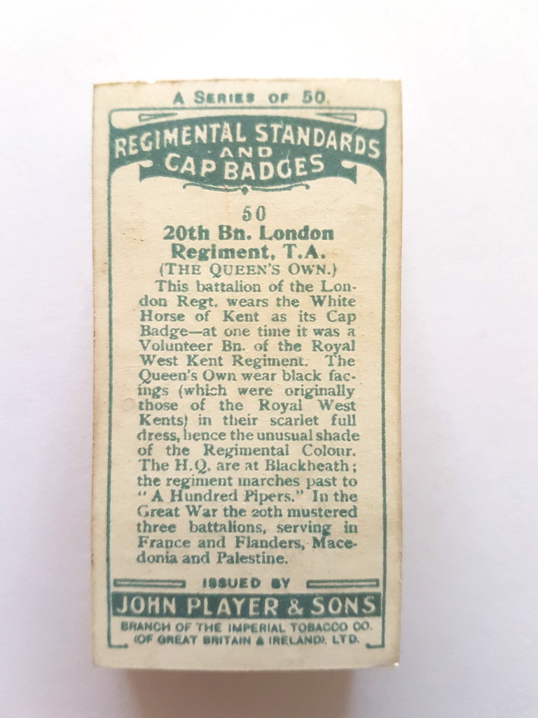 Photo of the back of these Regimental Standards and Cap Badges cigarette cards