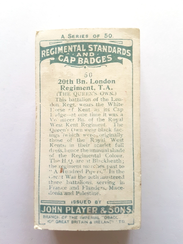 Photo of the back of these Regimental Standards and Cap Badges cigarette cards