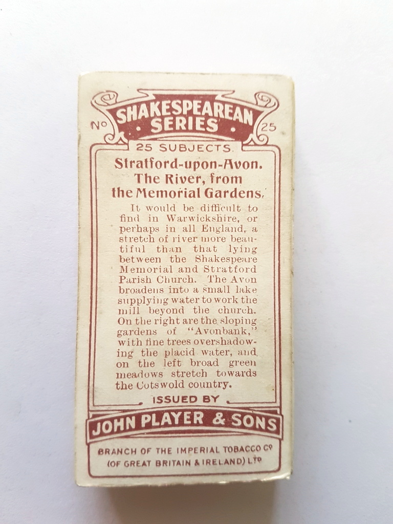 Photo of the back of these Shakespearean Series cigarette cards