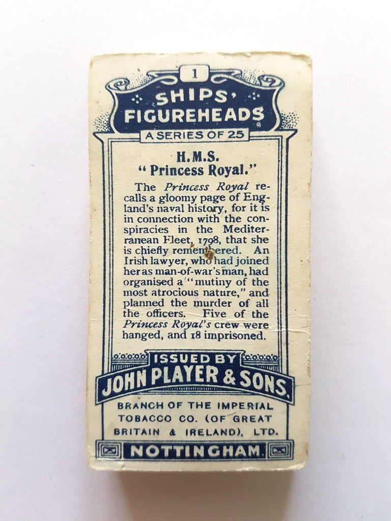 Photo of the back of these Ships' Figureheads (serif numerals) cigarette cards