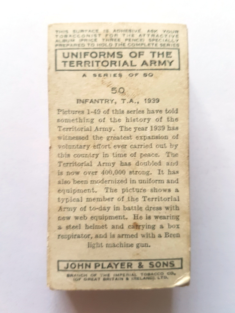 Photo of the back of these Uniforms of the Territorial Army cigarette cards