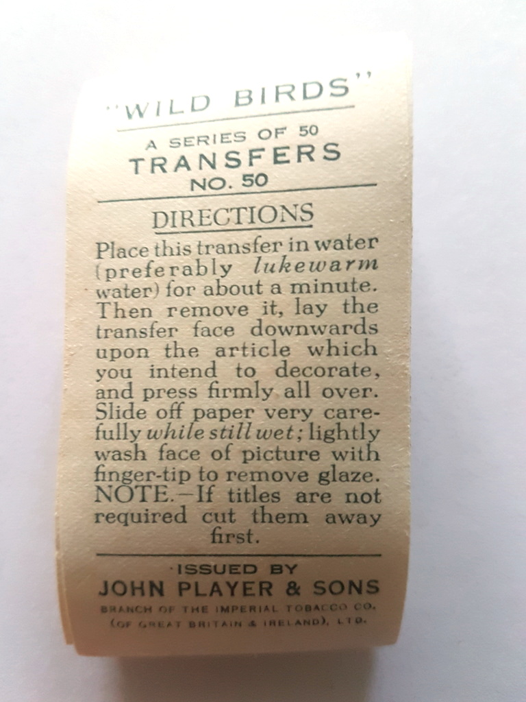 Photo of the back of these Wild Birds (transfers) cigarette cards