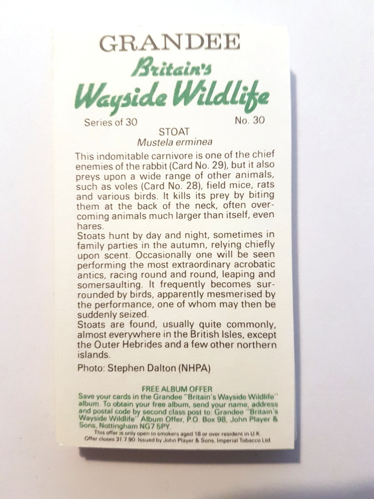 Photo of the back of these Britain's Wayside Wildlife cigarette cards